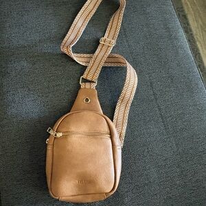 Tan Leather Crossbody Bag with Patterned Strap